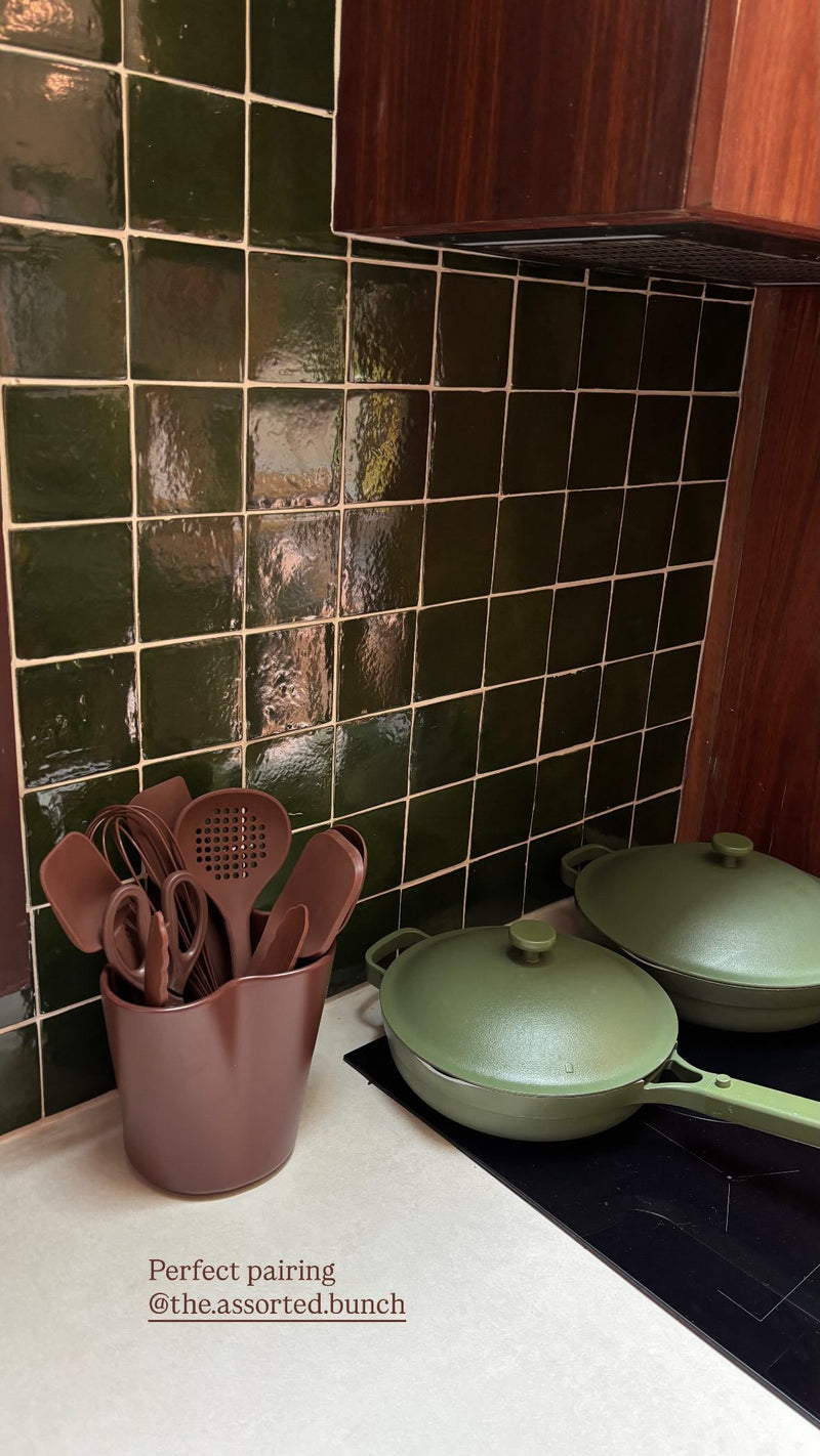 The Full Bunch in Mulberry beside a green tiled splashback